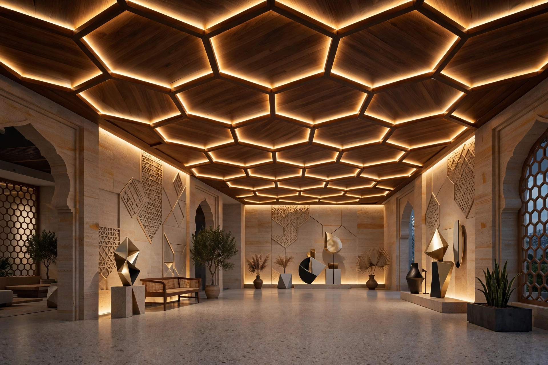 Hall with a geometric wooden panel ceiling in hexagonal patterns with backlit edges
