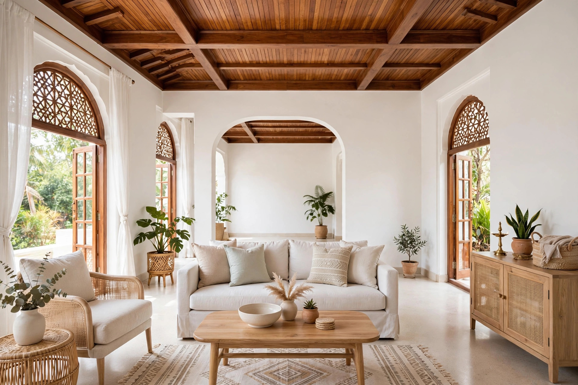 Hall with a wooden ceiling, white walls and light furniture for contrast