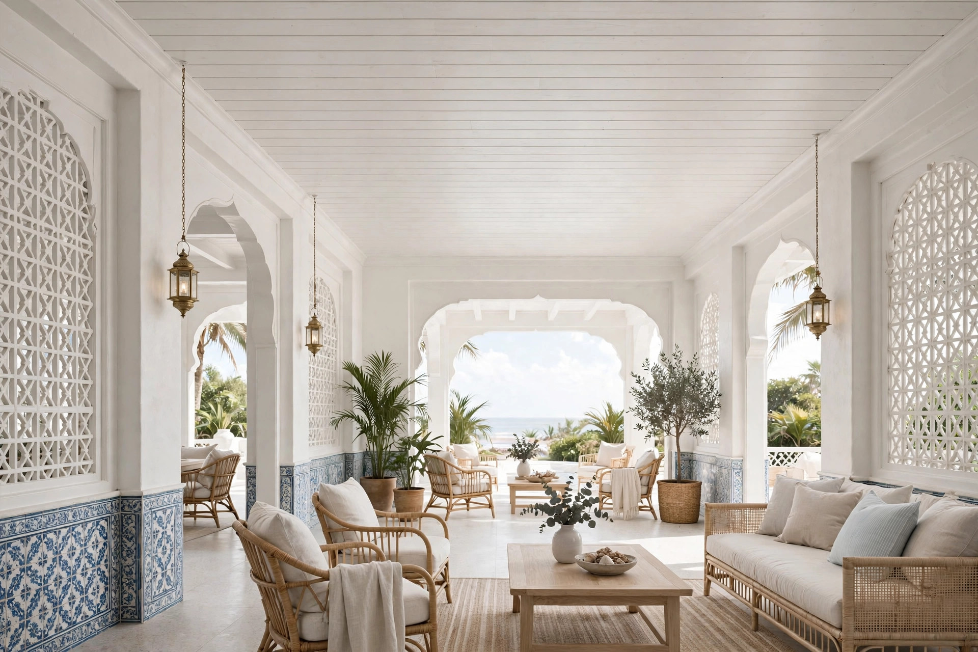 Hall with a white-painted shiplap wooden ceiling and airy coastal styling