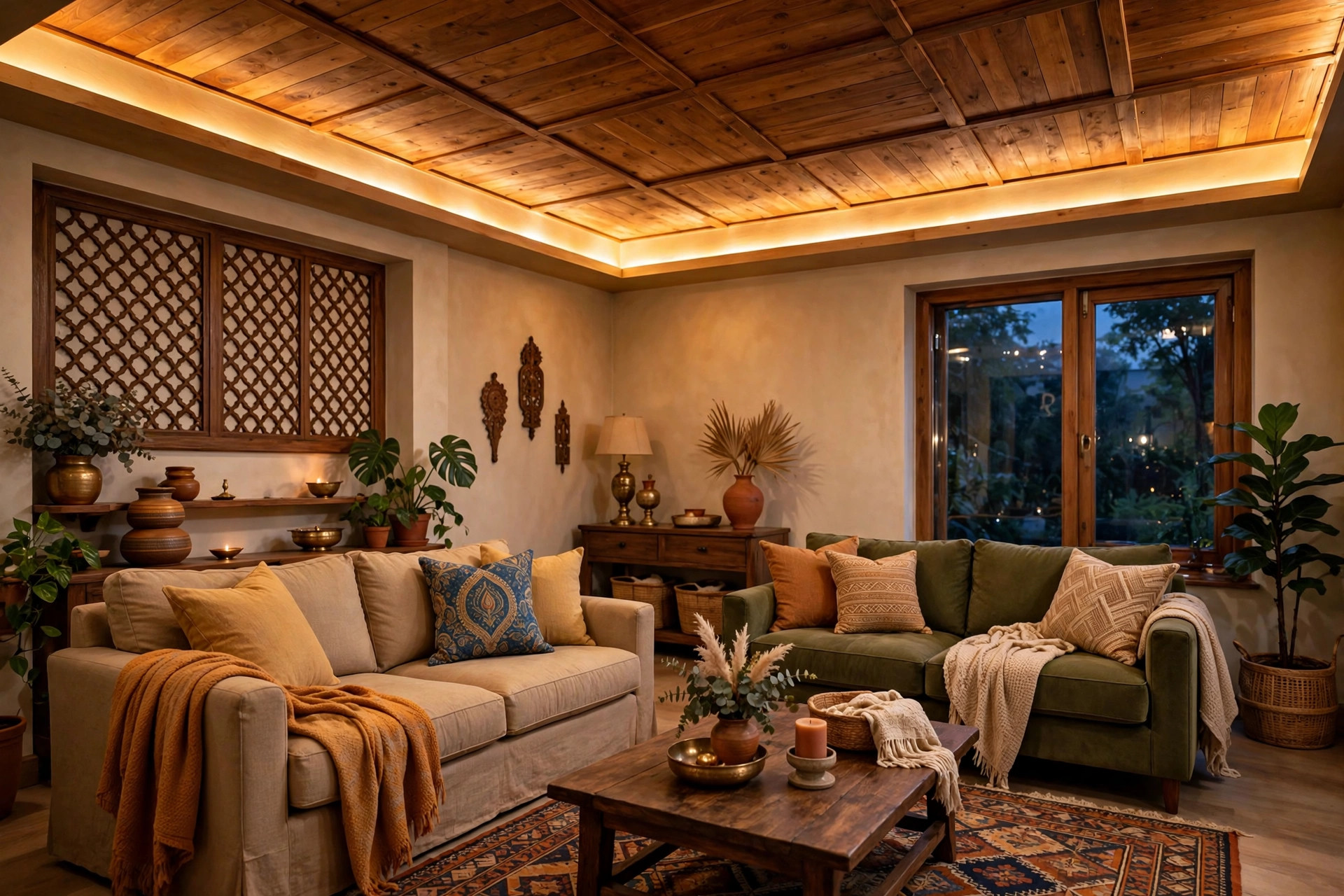 Indian family hall in the evening with a wooden ceiling glowing under warm cove light