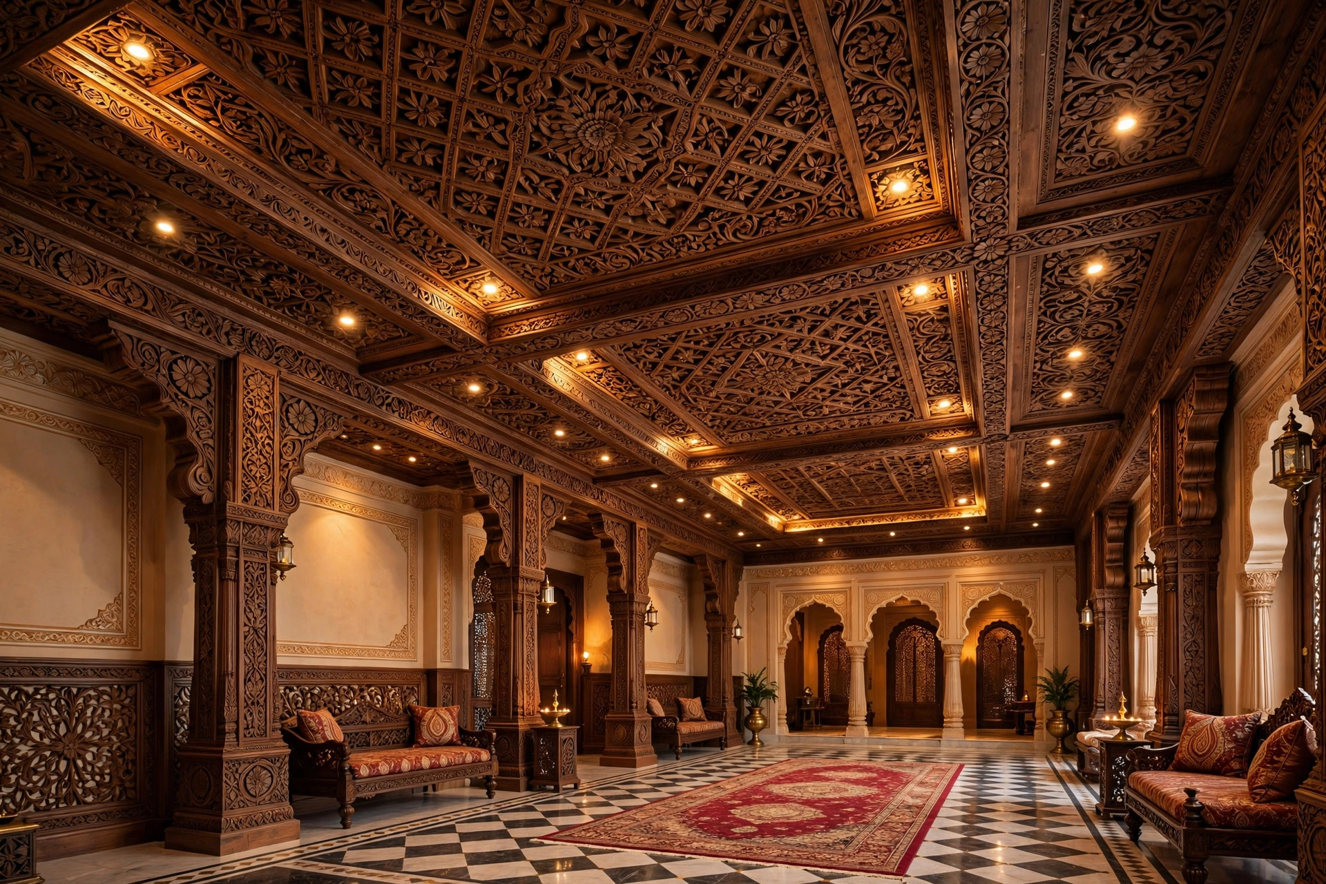 Hall with an intricately carved wooden ceiling featuring traditional lattice motifs