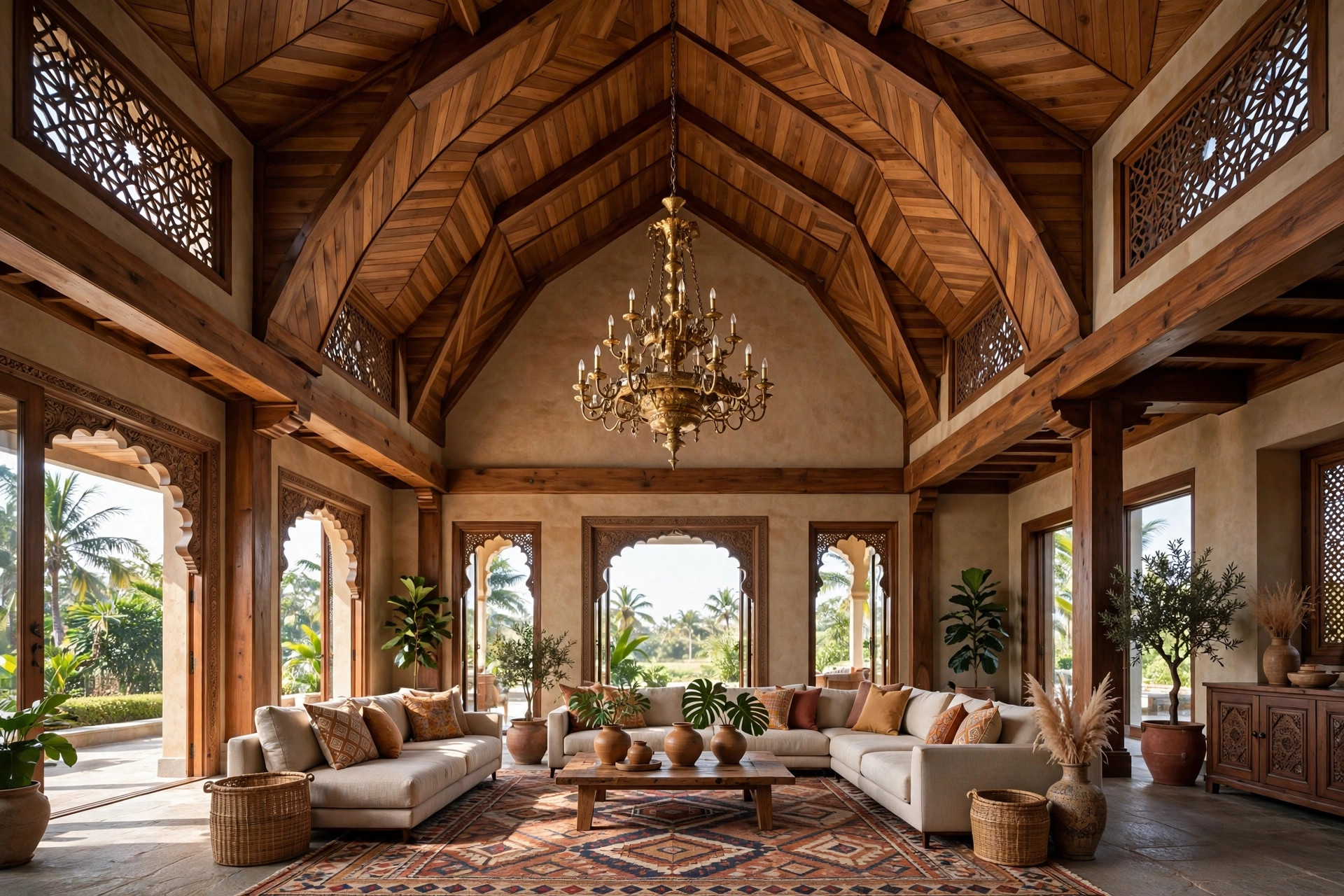 Double-height hall with a vaulted wooden ceiling and a chandelier