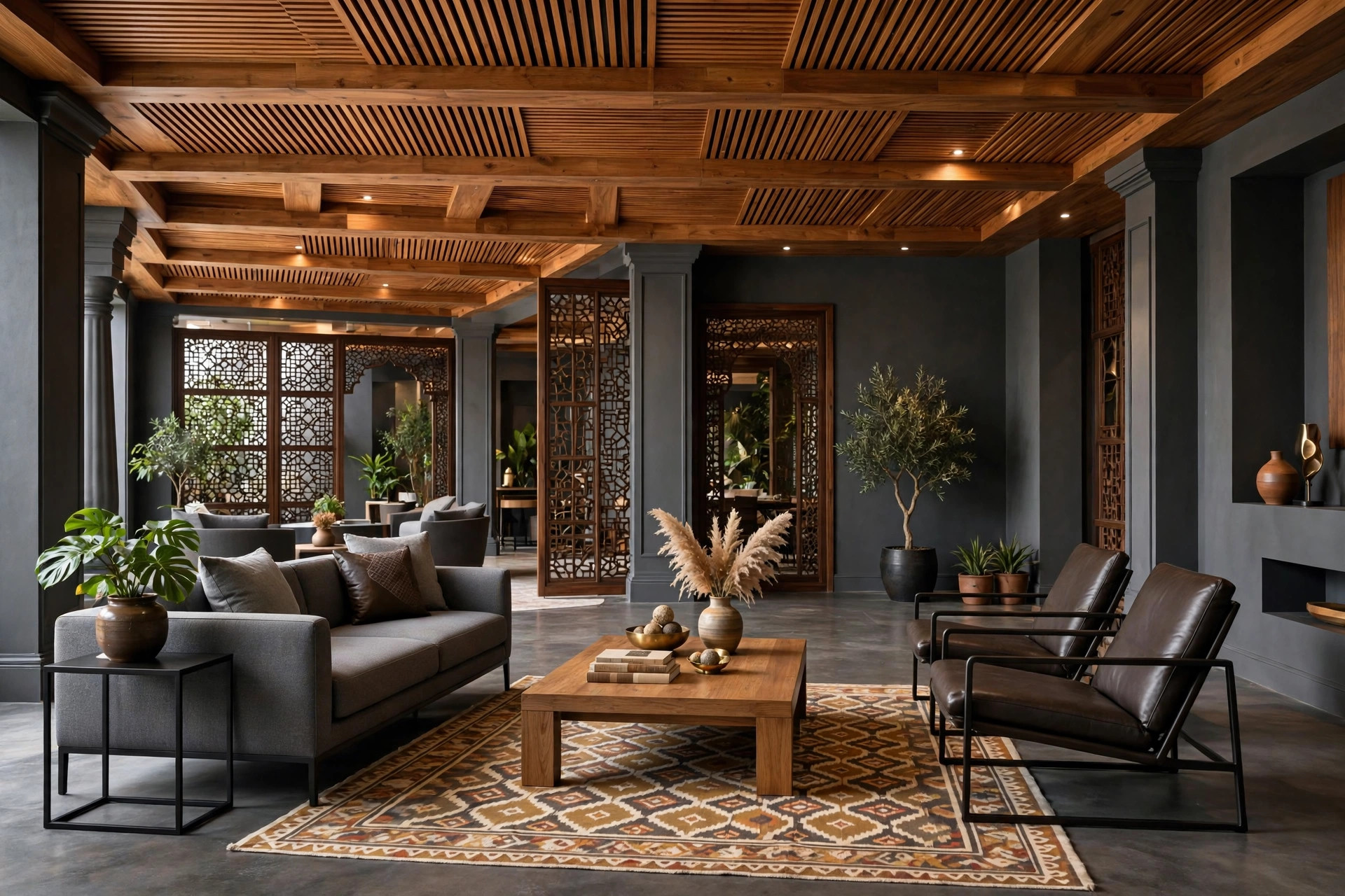Hall with a wooden ceiling and charcoal grey walls in a contemporary interior