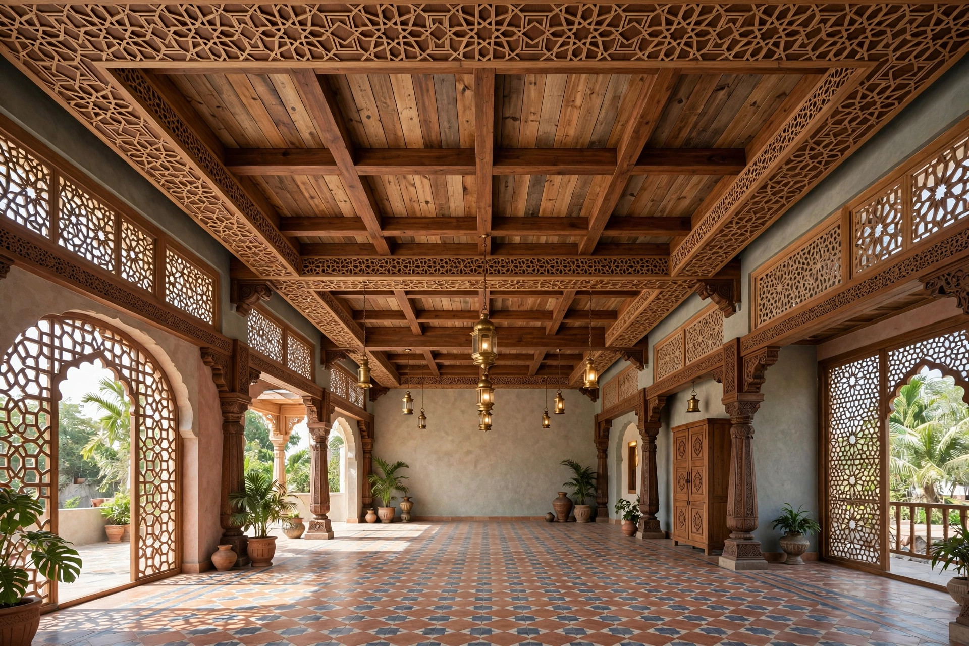 Hall with a combination wooden ceiling: planks, beams and a geometric border pattern