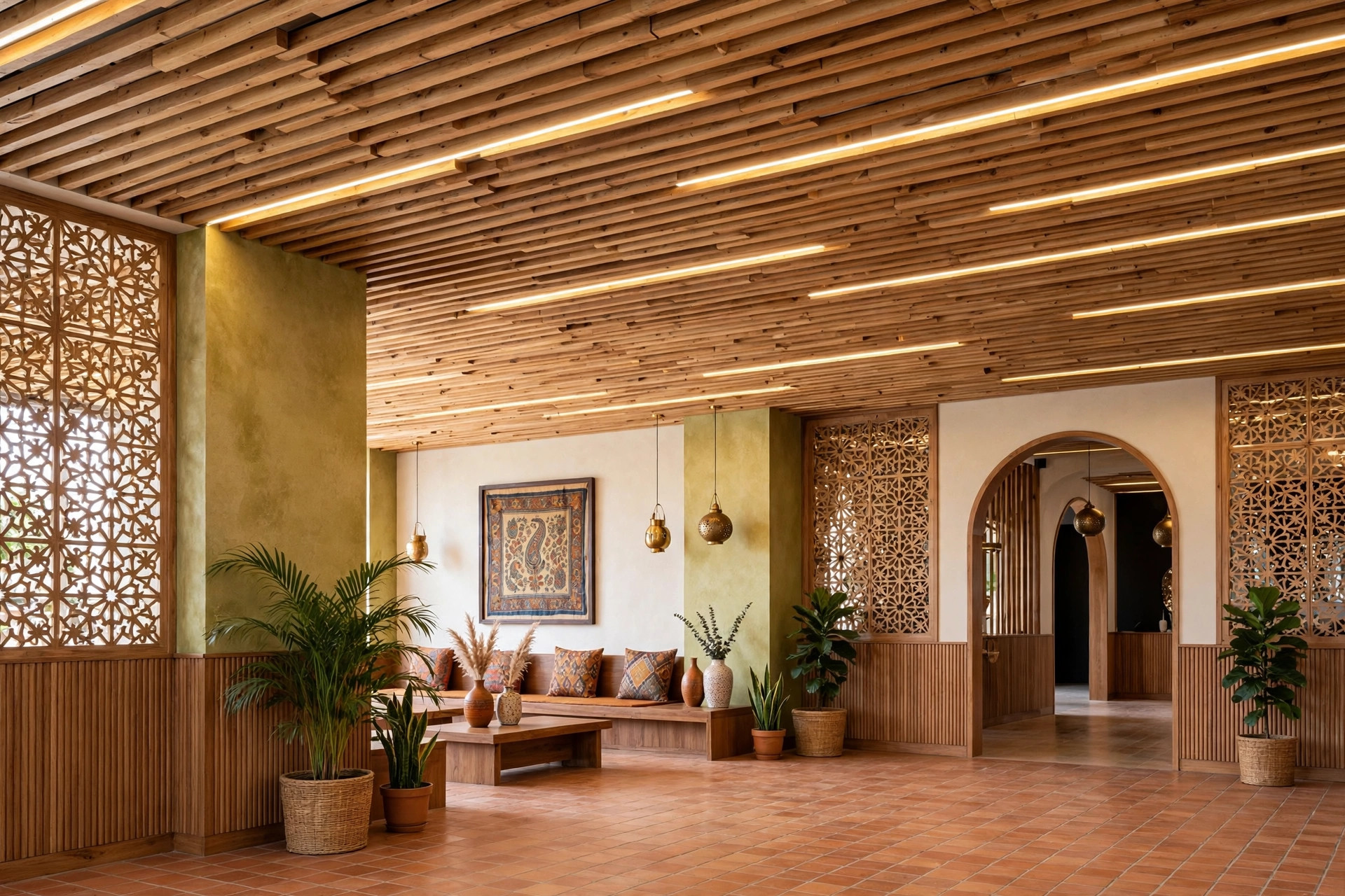 Hall with a wooden slat ceiling and linear LED strips running along the slats