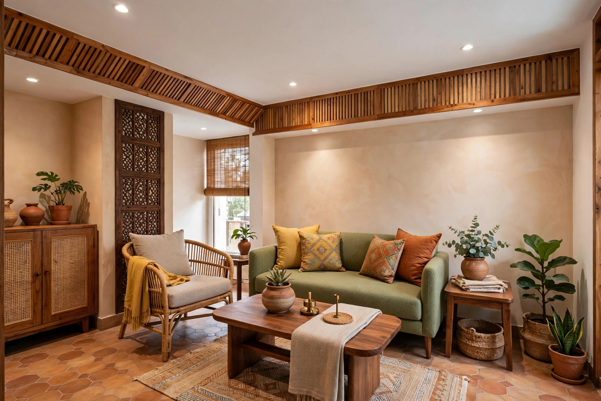 Compact hall with a wood-accent border on a white ceiling above the seating area