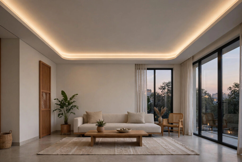 Modern living room with a slim cove tray false ceiling glowing with warm indirect light