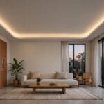 Modern living room with a slim cove tray false ceiling glowing with warm indirect light