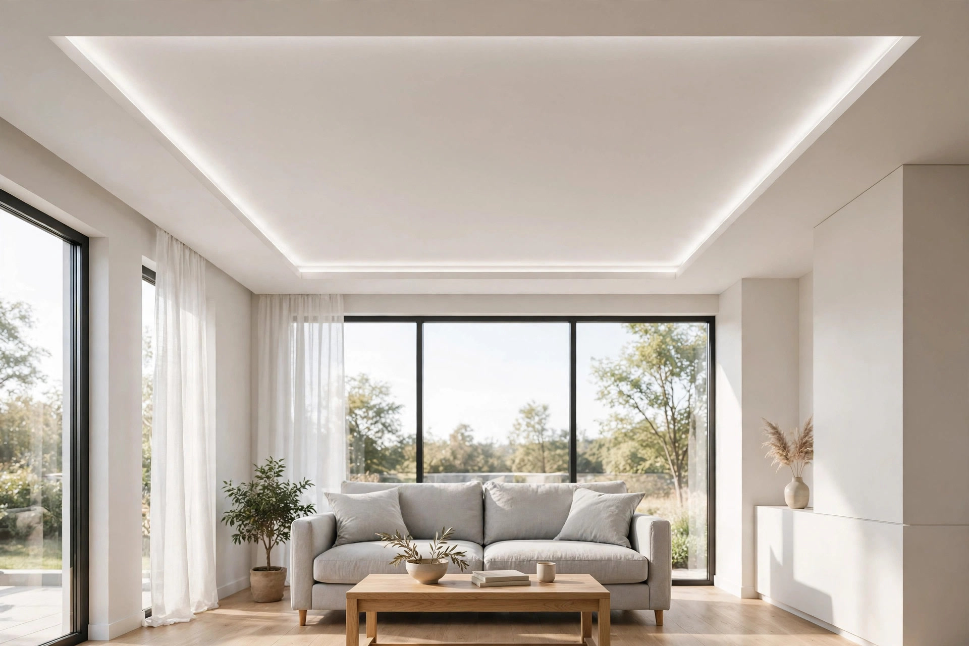 Compact living room with a floating border false ceiling and concealed LED glow around the perimeter