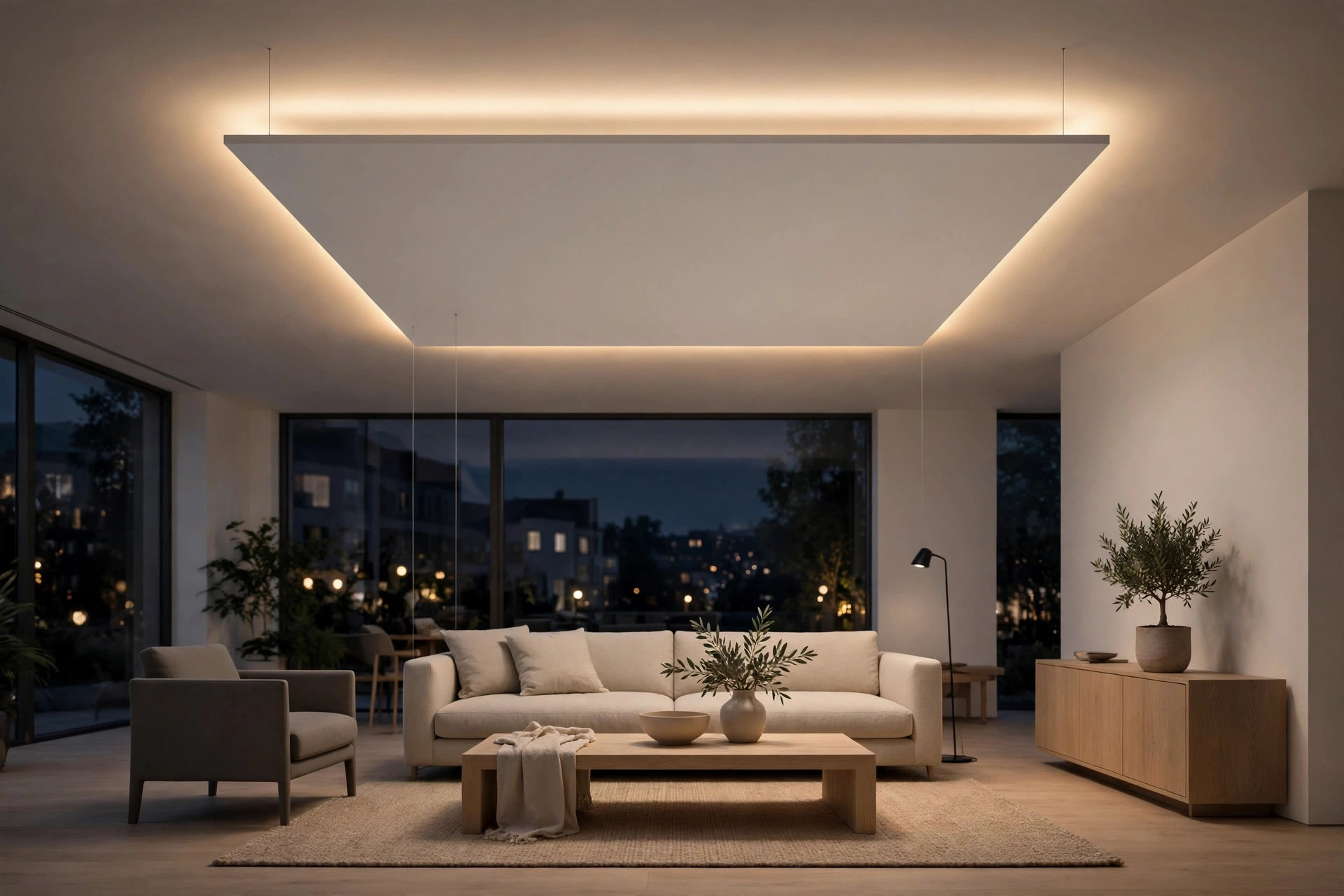 Living room with a floating island ceiling panel glowing with a halo of concealed light above the seating zone