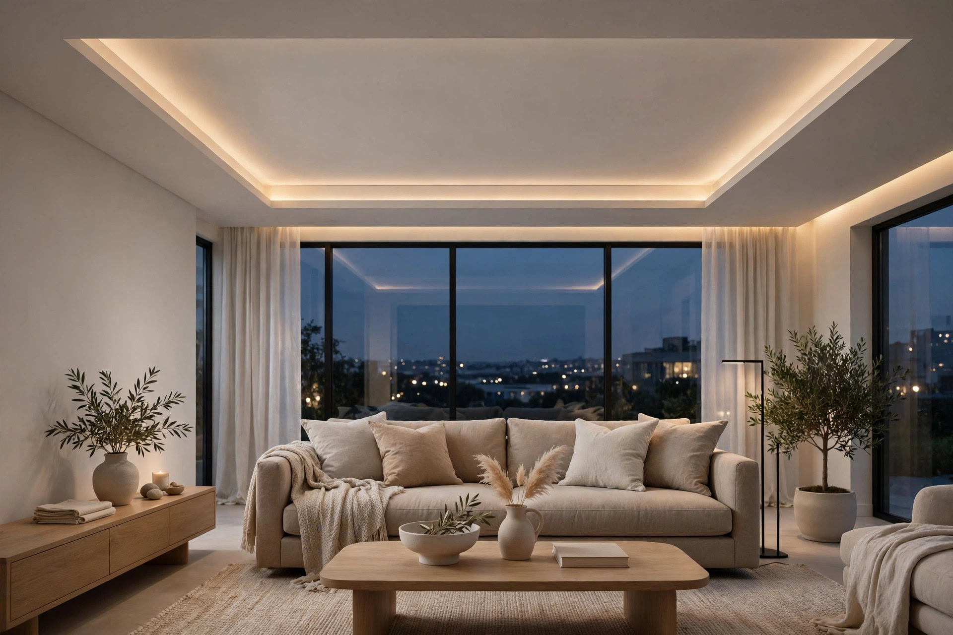 Living room with a soft restrained tray ceiling glowing warmly above the sofa