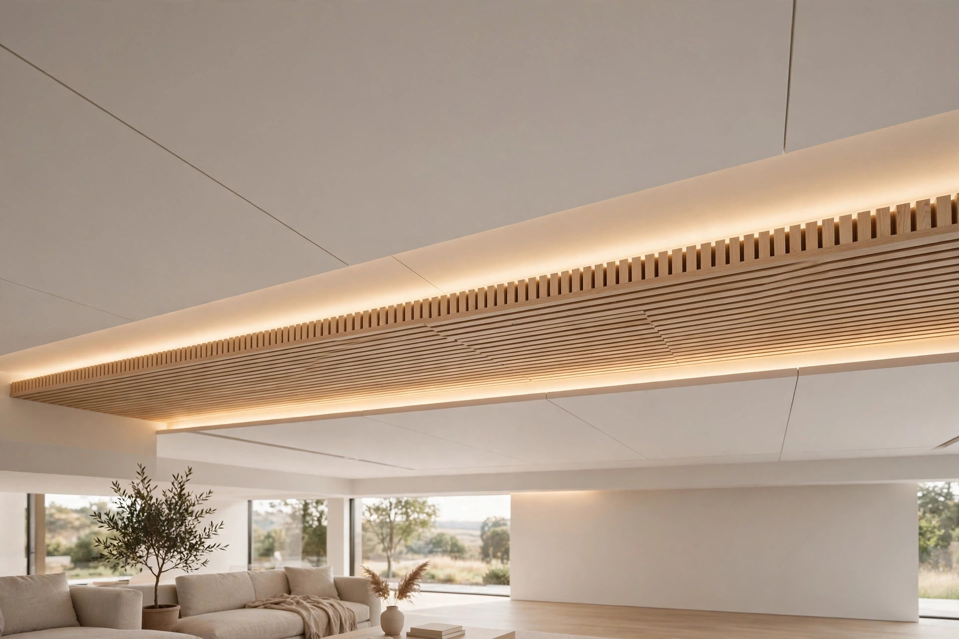 Living room ceiling combining white gypsum panels with a band of light wood slats and concealed cove lighting