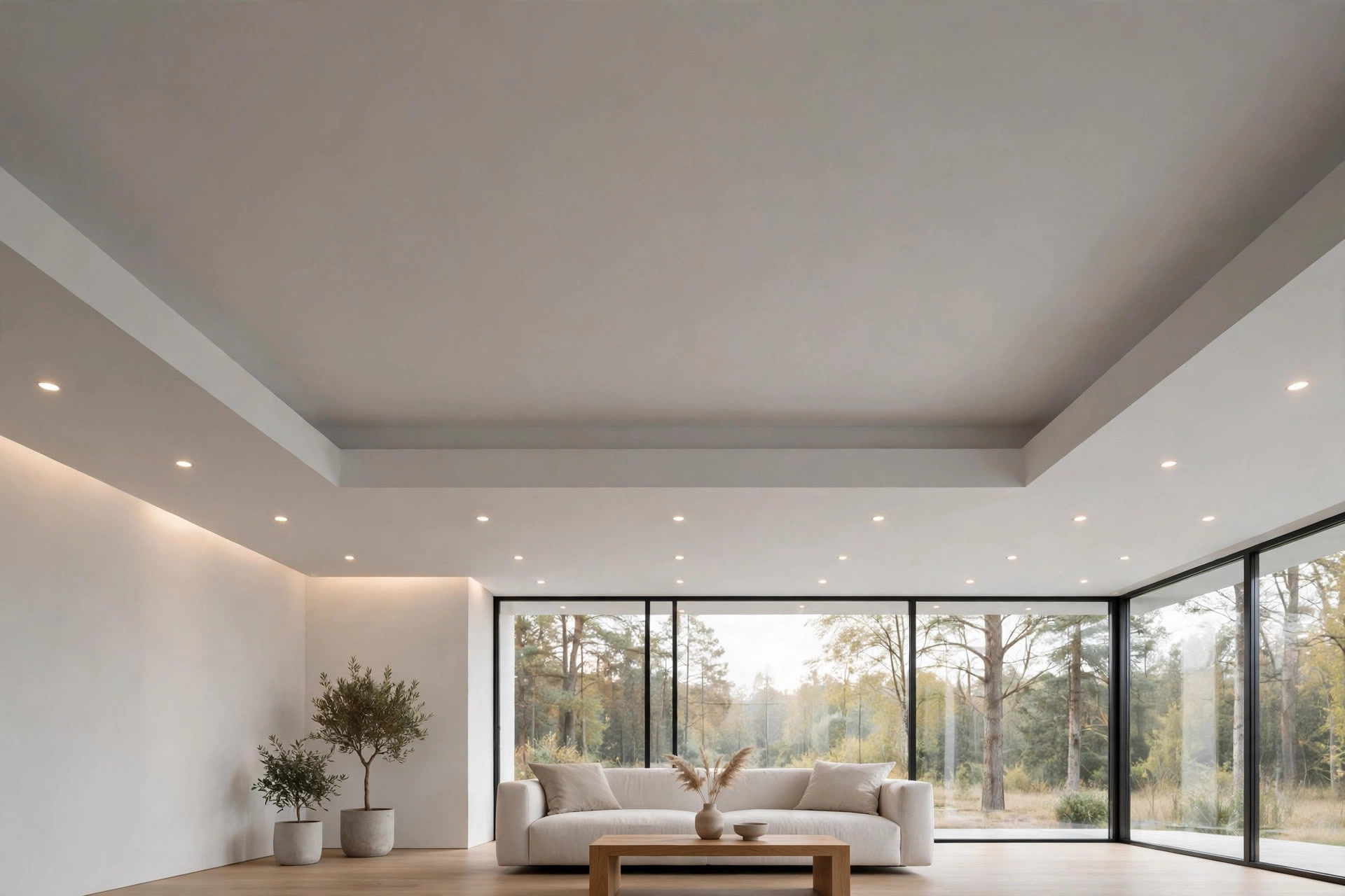 Living room with matte white layered ceiling planes and evenly spaced recessed downlights