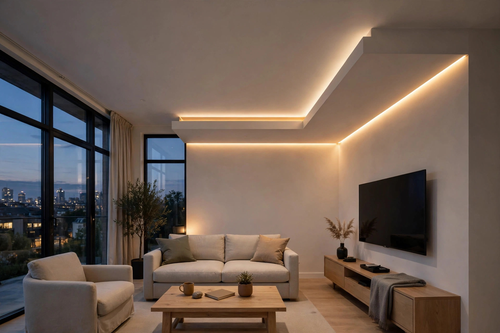Living room where an L-shaped false ceiling frames the TV wall with a slim concealed LED line