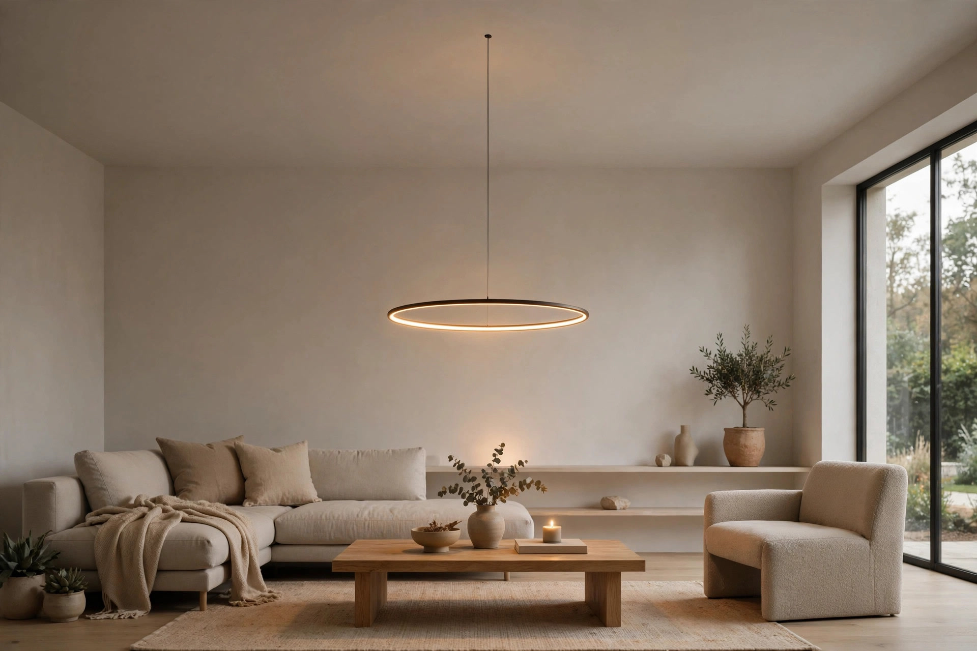 Living room with a single slim ring pendant hanging from a simple flat false ceiling