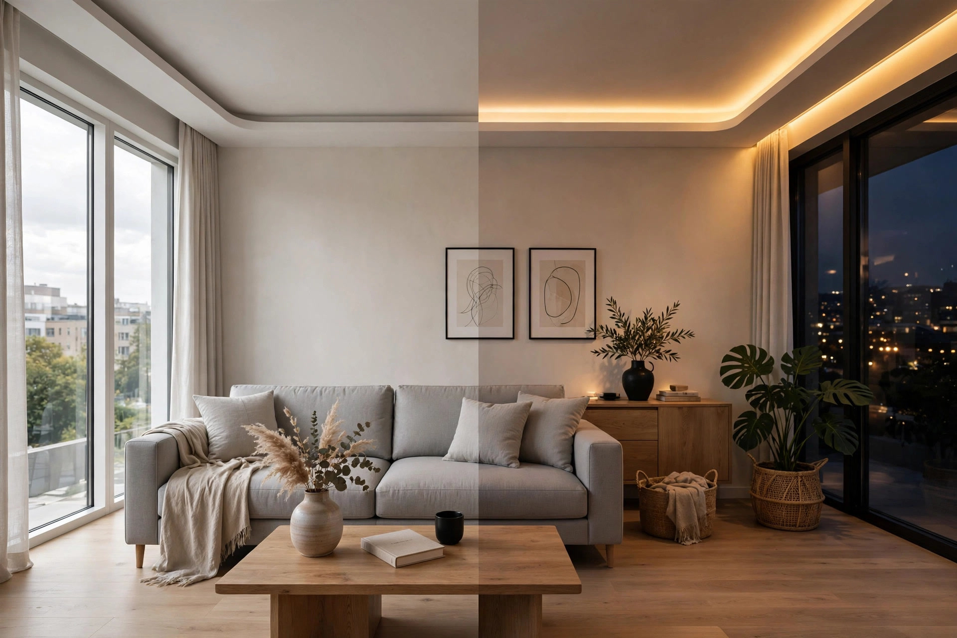 Split view of the same living room in daylight and in the evening with the cove lighting glowing