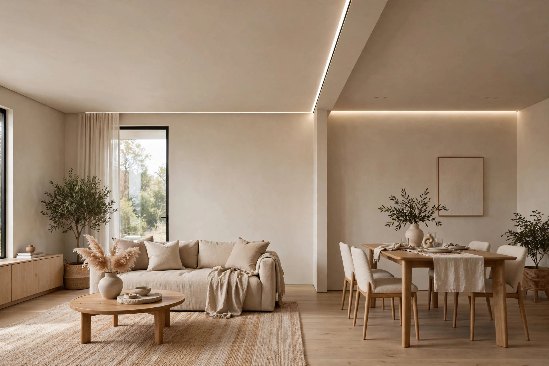 Open-plan living-dining space where the false ceiling changes level to quietly mark the dining zone