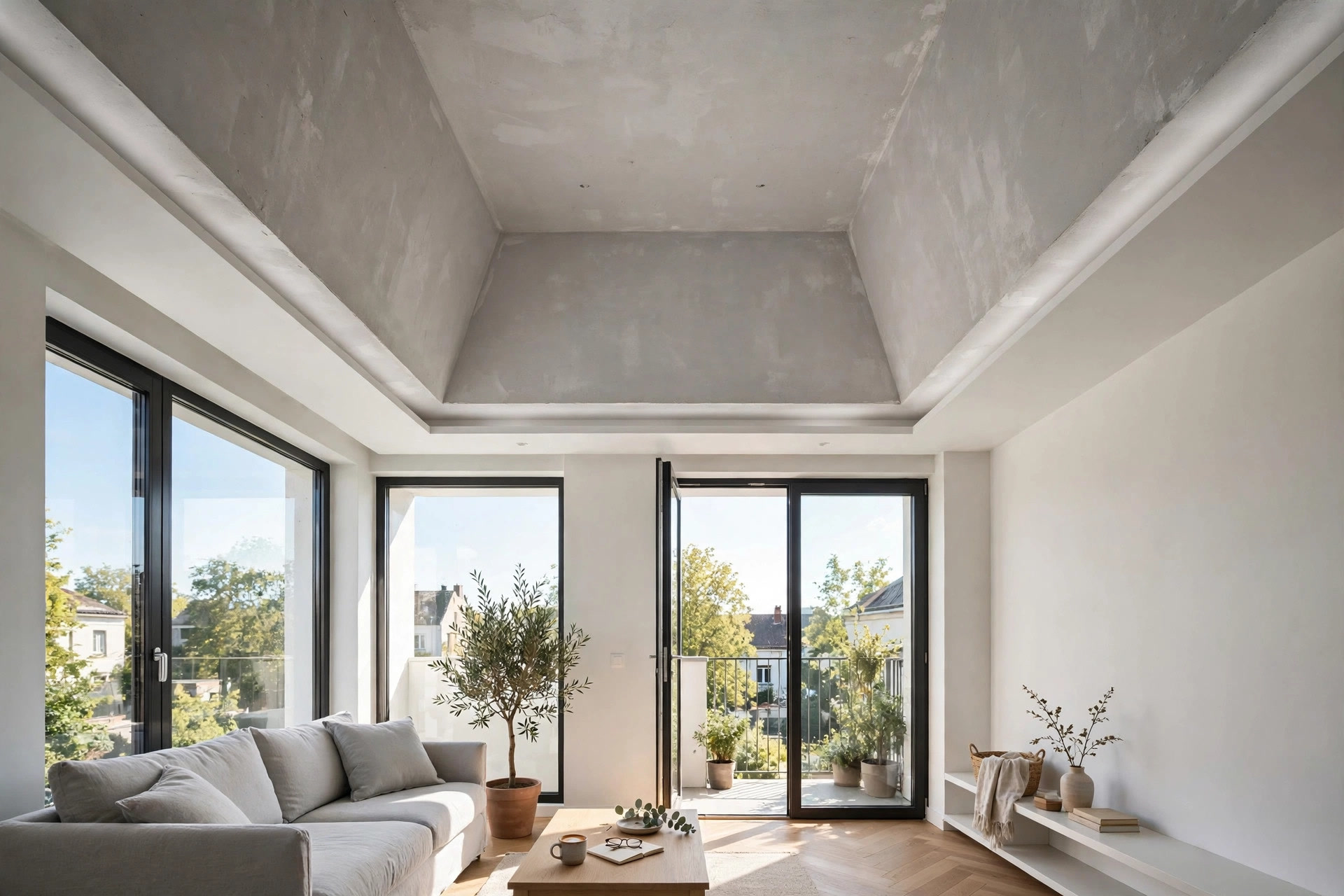Compact living room with a slim border ceiling and high painted centre in daylight