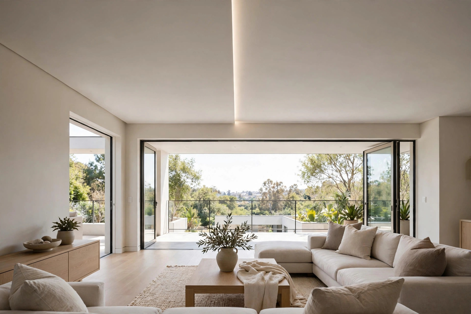 Living room with a clean flat ceiling drawing the eye toward a large balcony opening