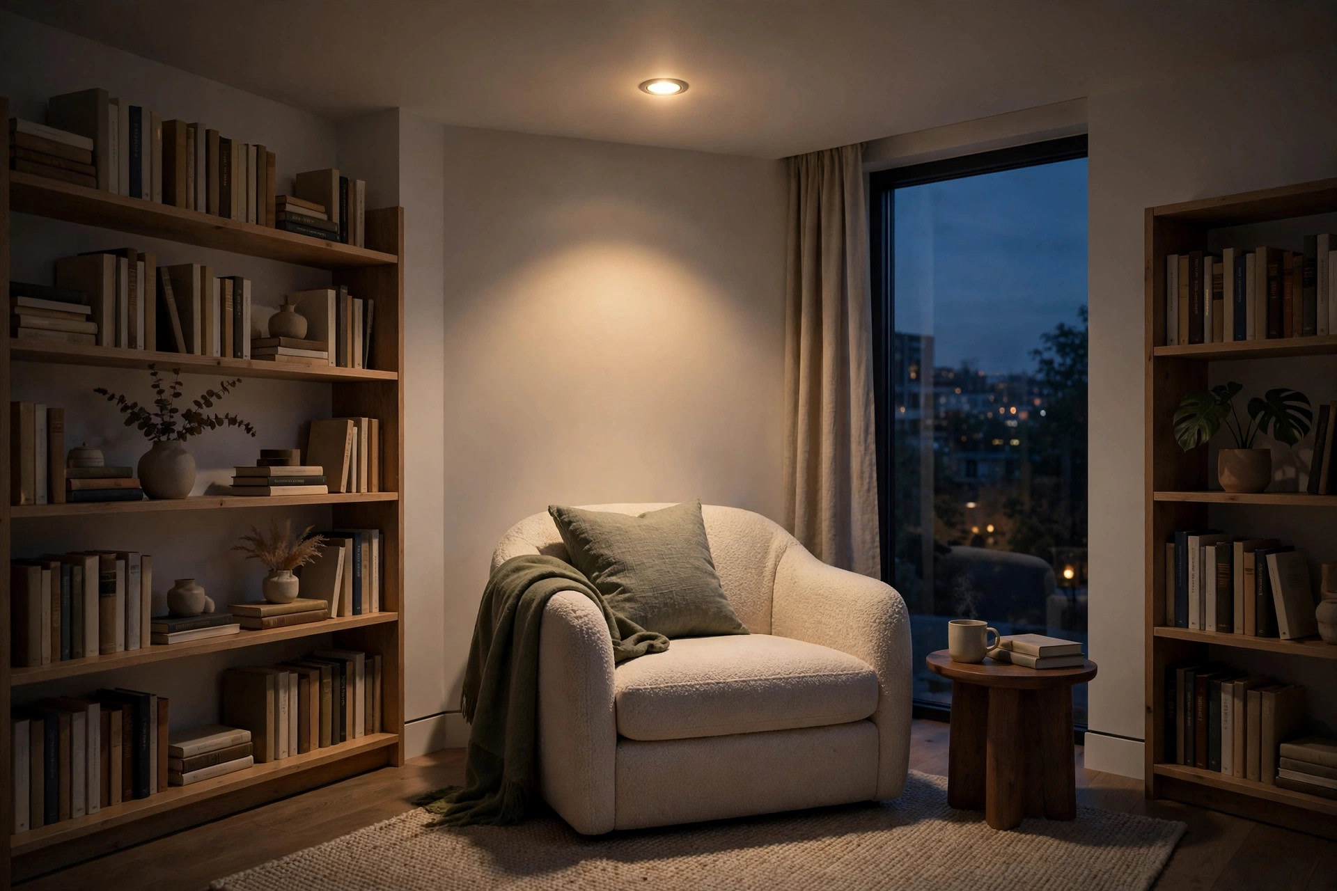 Reading corner with an armchair under a single recessed ceiling spotlight in the evening