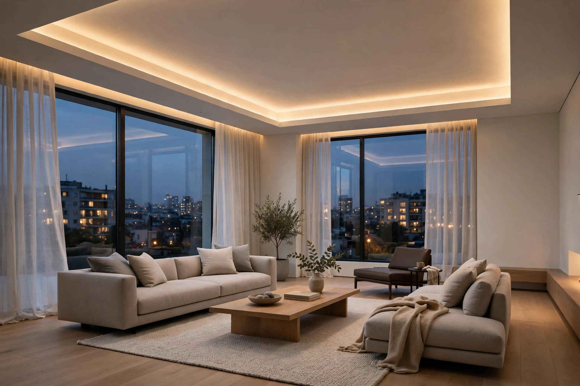 Spacious living room in the evening with a wide shallow tray ceiling glowing with warm concealed light