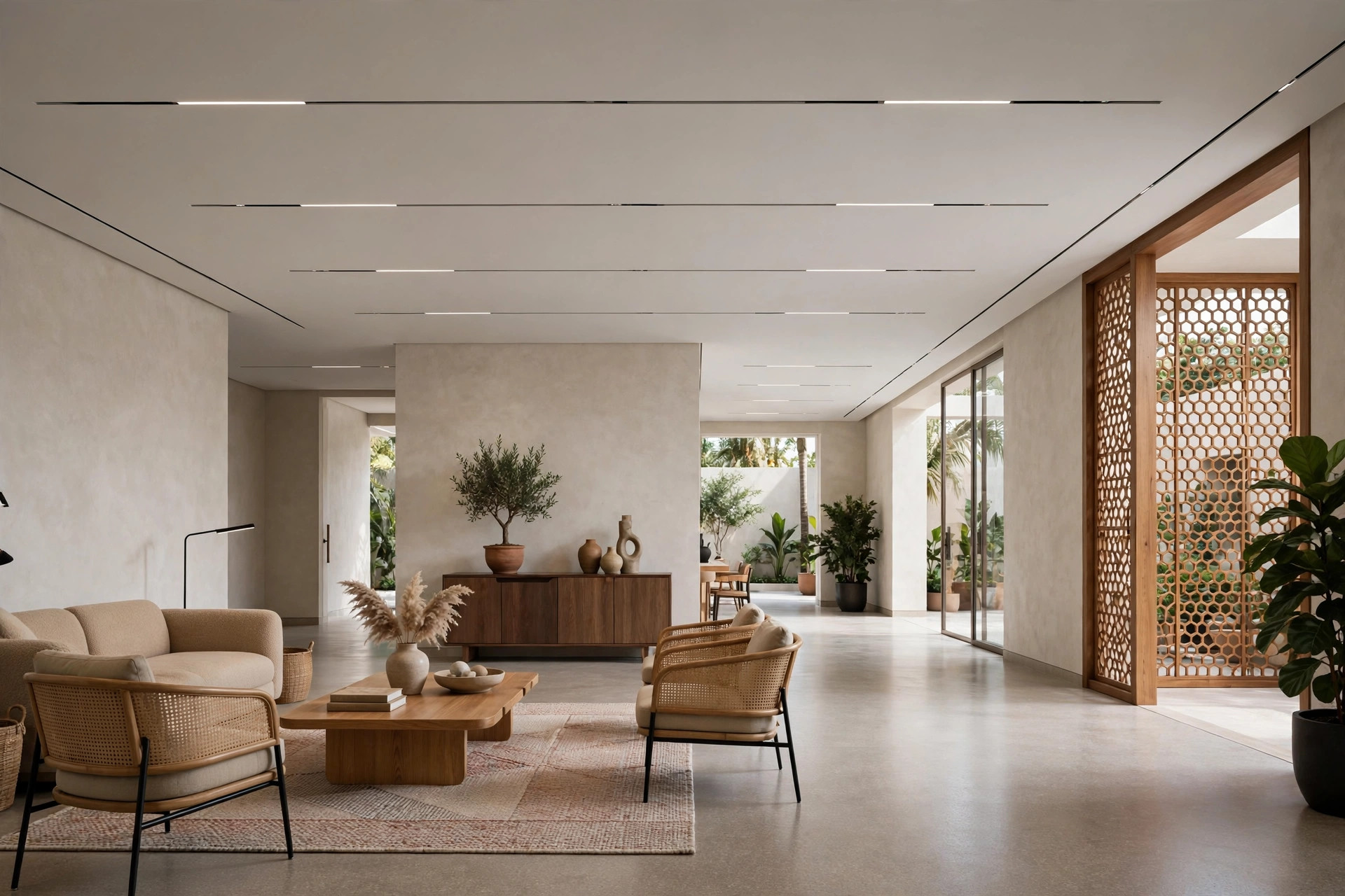 Modern Indian hall with a flat false ceiling and recessed lighting