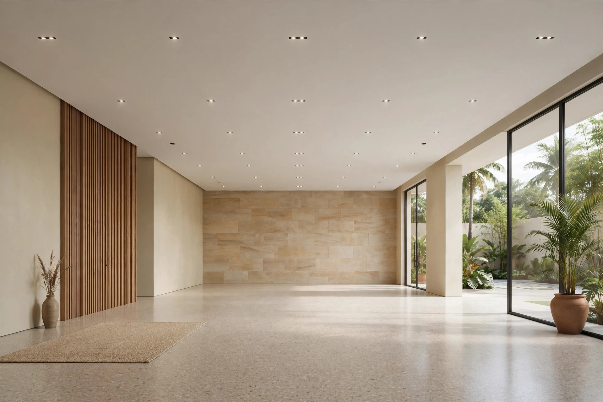 Modern hall with a flat single-level ceiling and slim recessed spotlights