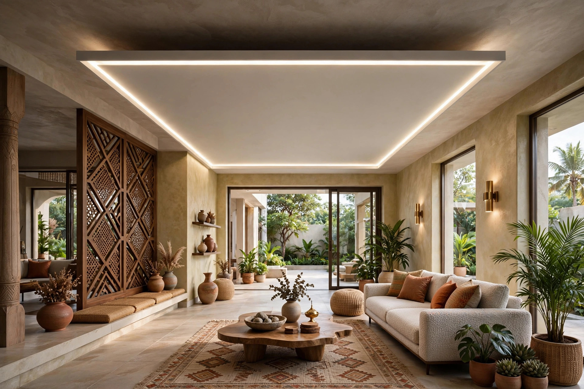 Modern hall with a floating ceiling panel and LED gap lighting