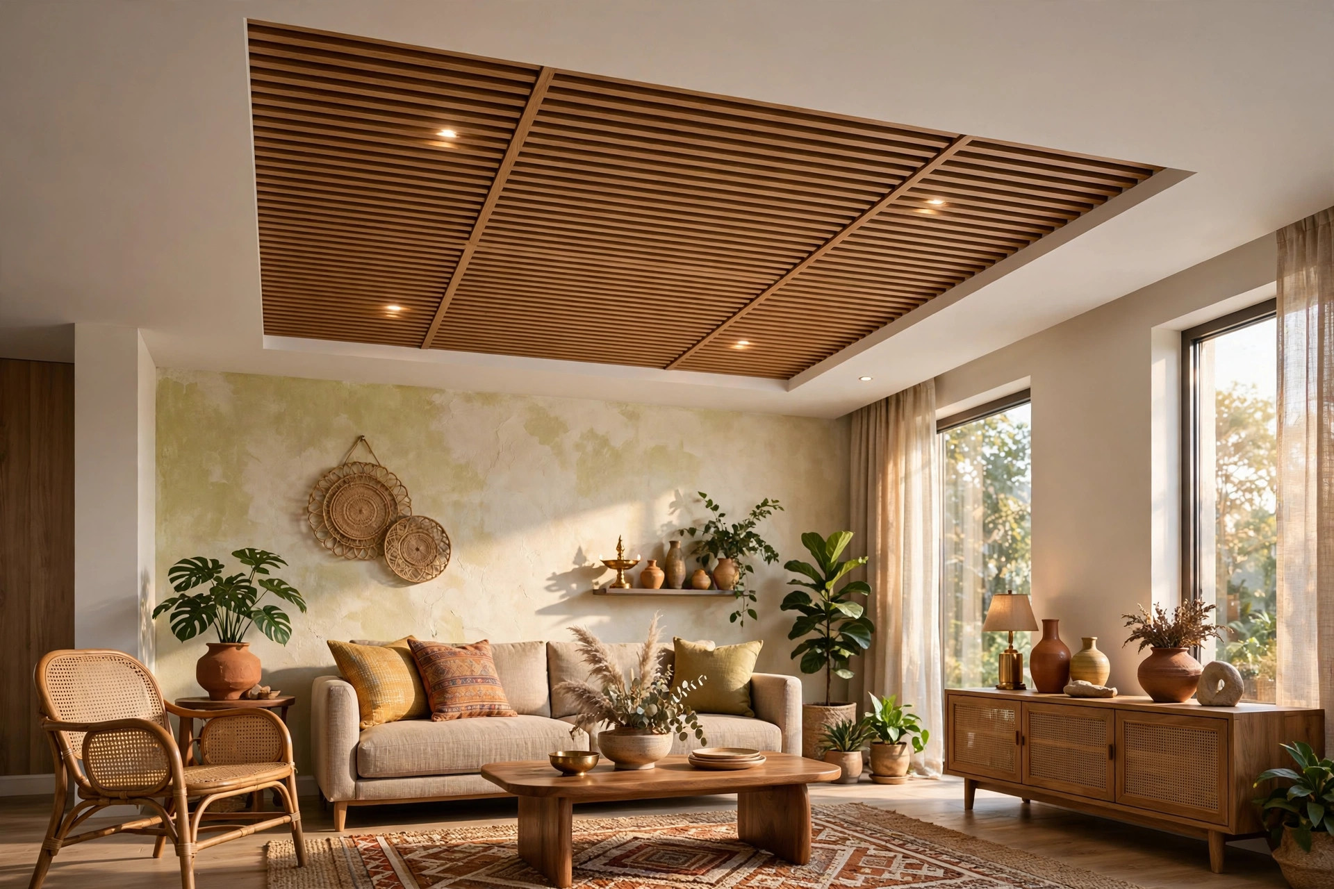Modern hall ceiling with linear wooden slats
