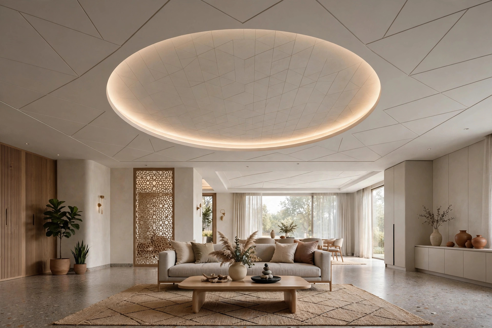 Modern hall with subtle geometric POP ceiling zones