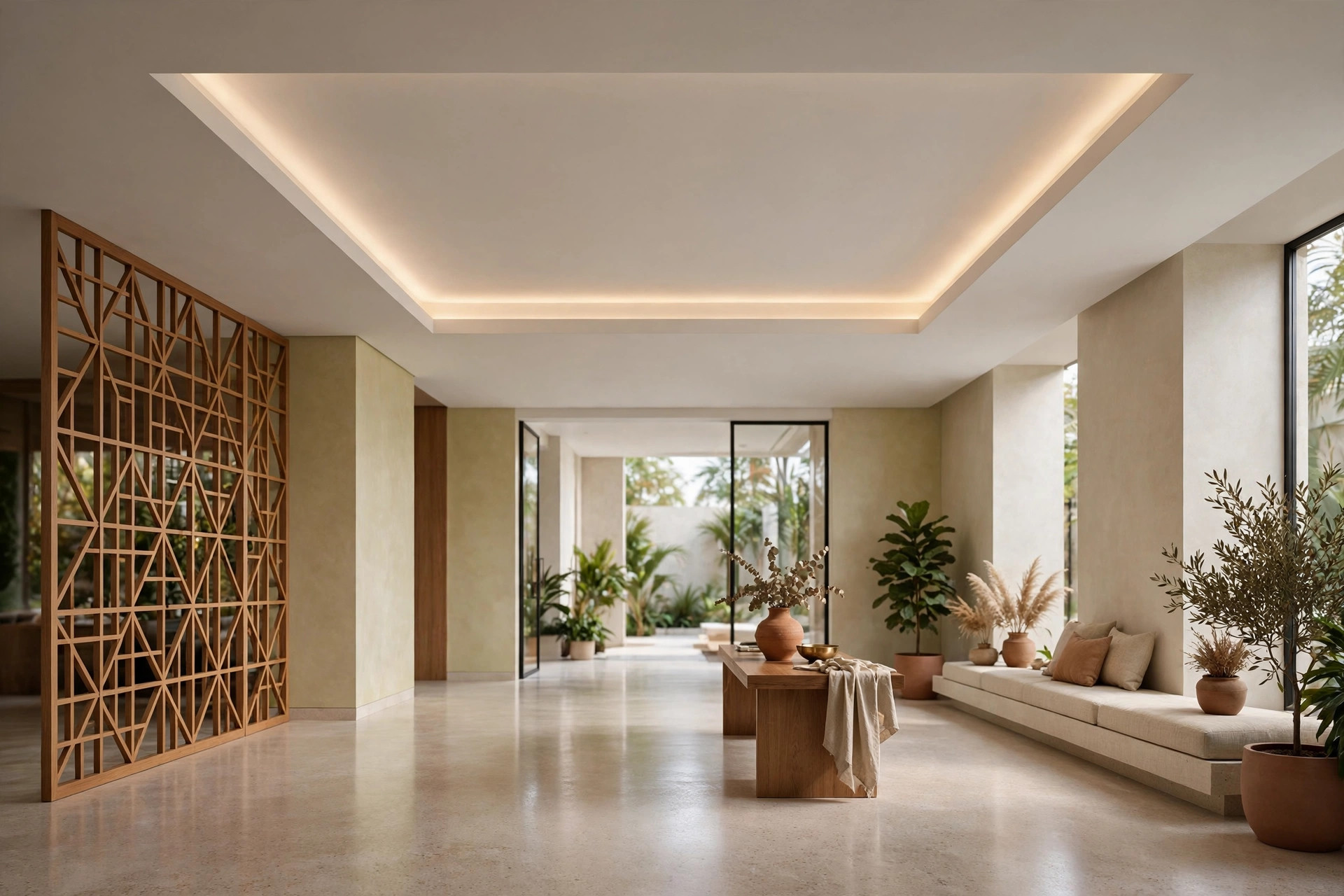 Modern hall with a minimal layered tray ceiling