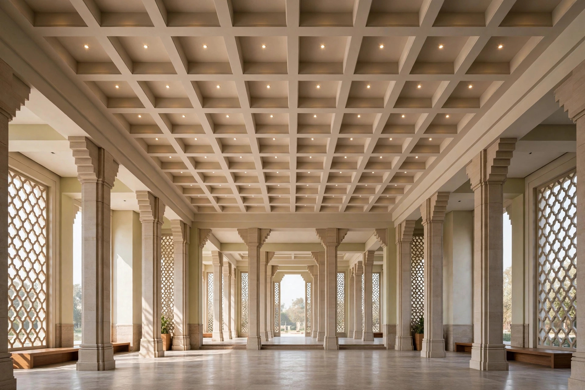 Modern hall with a minimal coffered ceiling grid