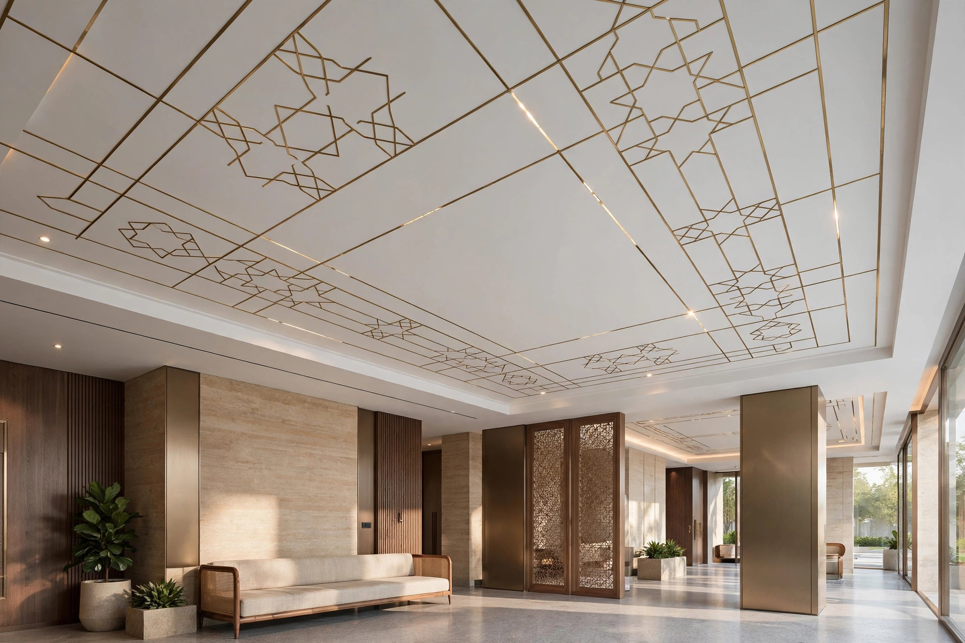 Modern hall ceiling with thin metallic accent inlays