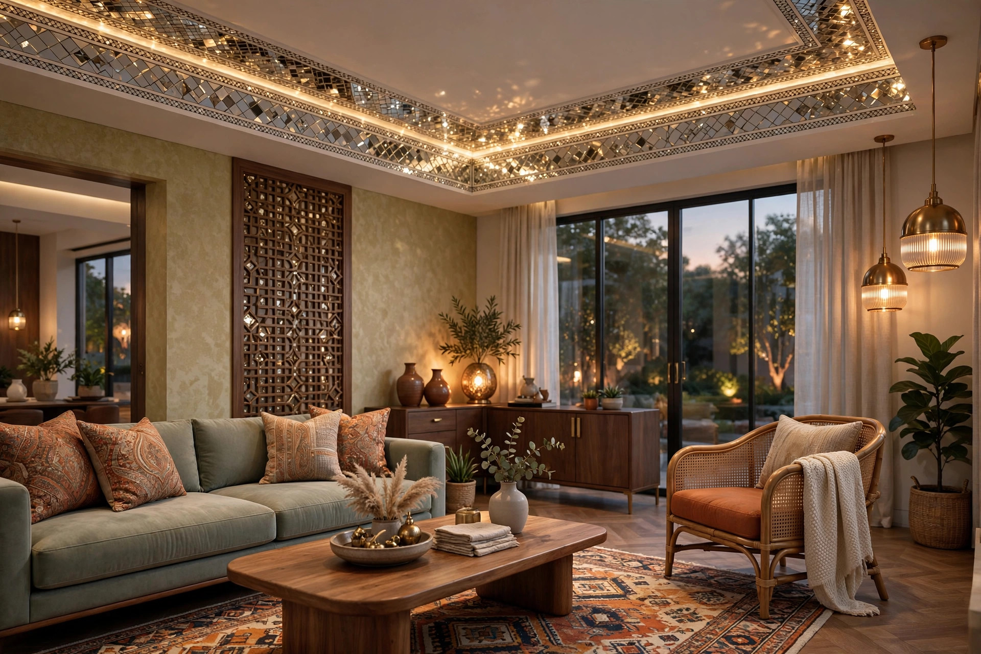 Modern hall ceiling with mirror inlay accent panels
