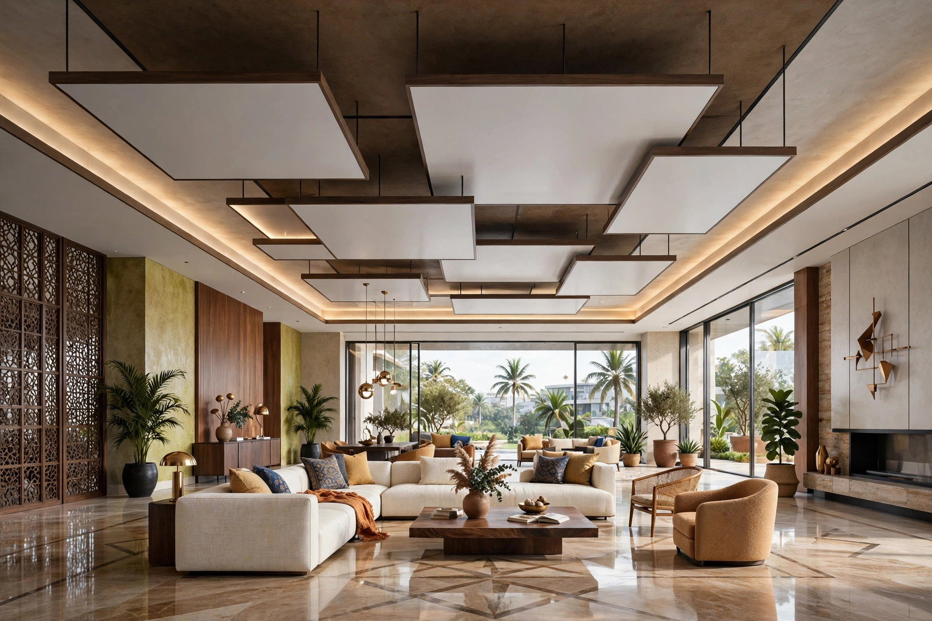 Large modern Indian hall with a layered modern ceiling