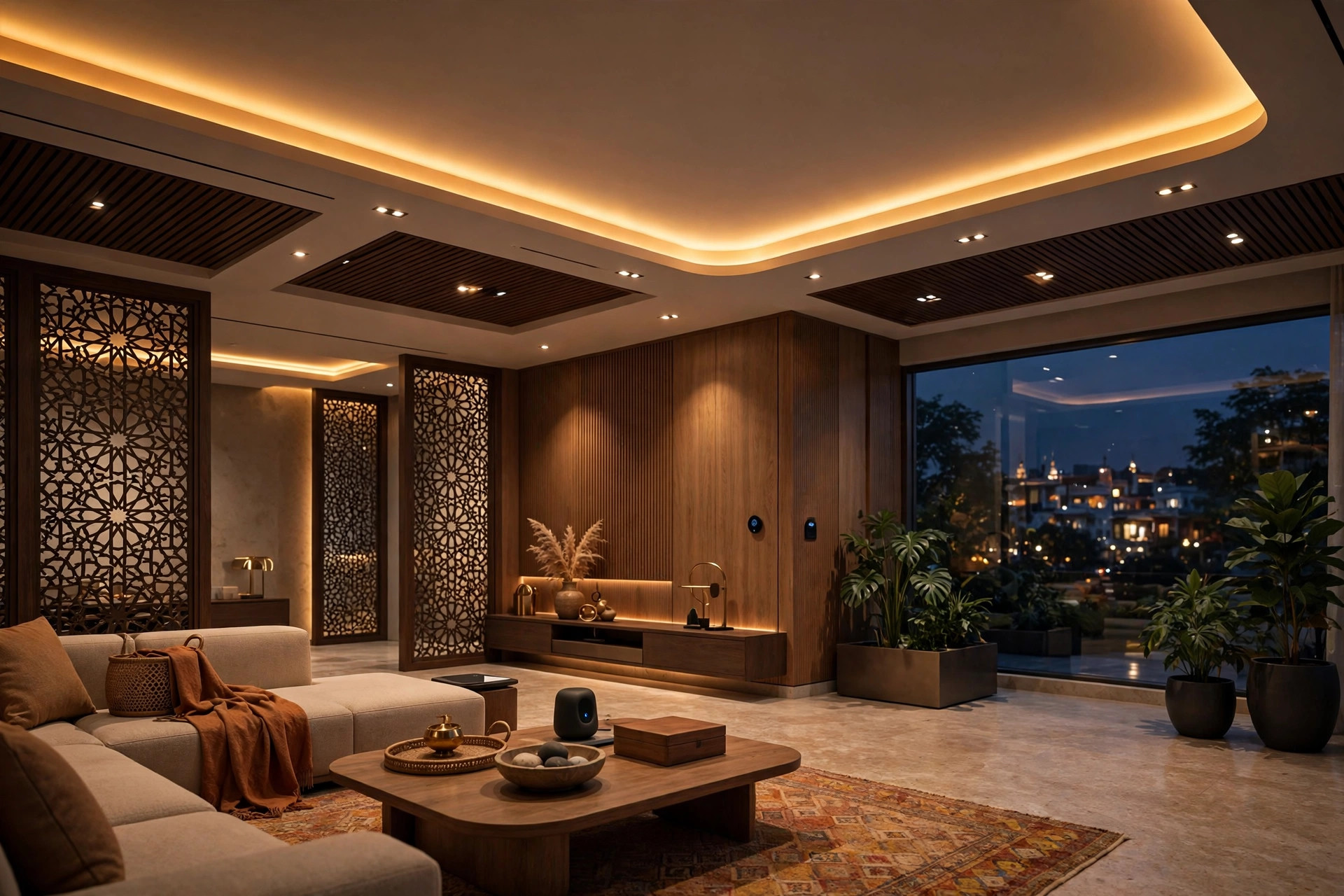 Modern hall with dimmable smart ceiling lighting scenes