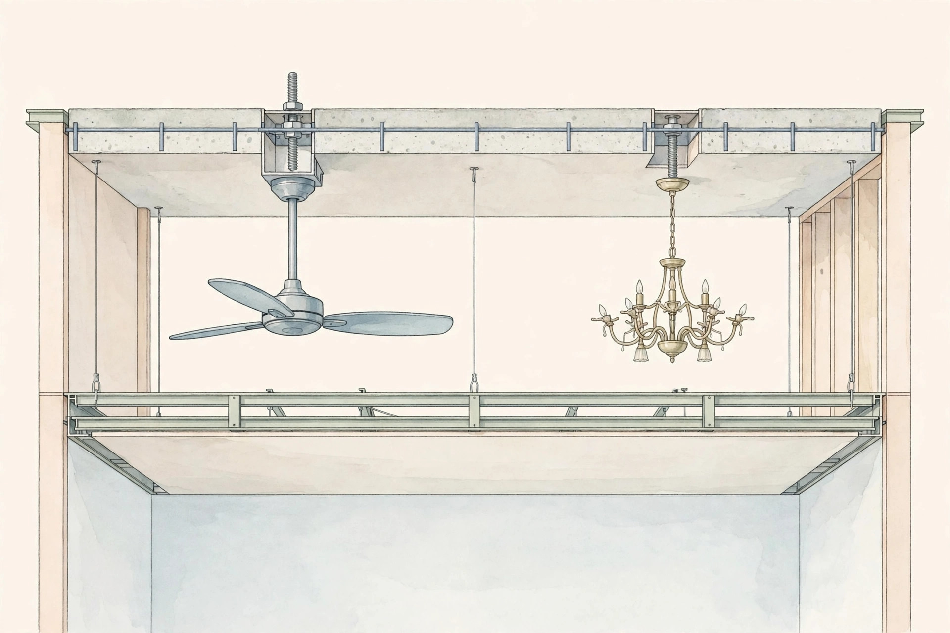 Illustration of planning fan and fixture anchoring on the structural slab