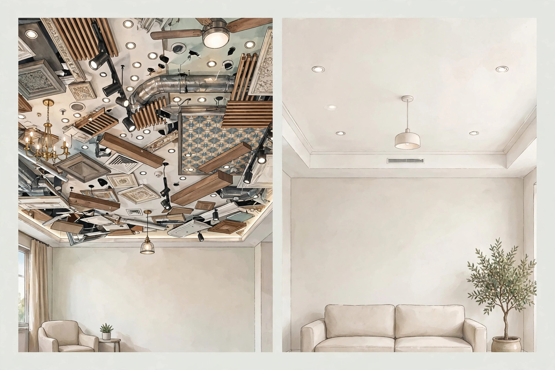 Illustration of common modern ceiling design mistakes to avoid