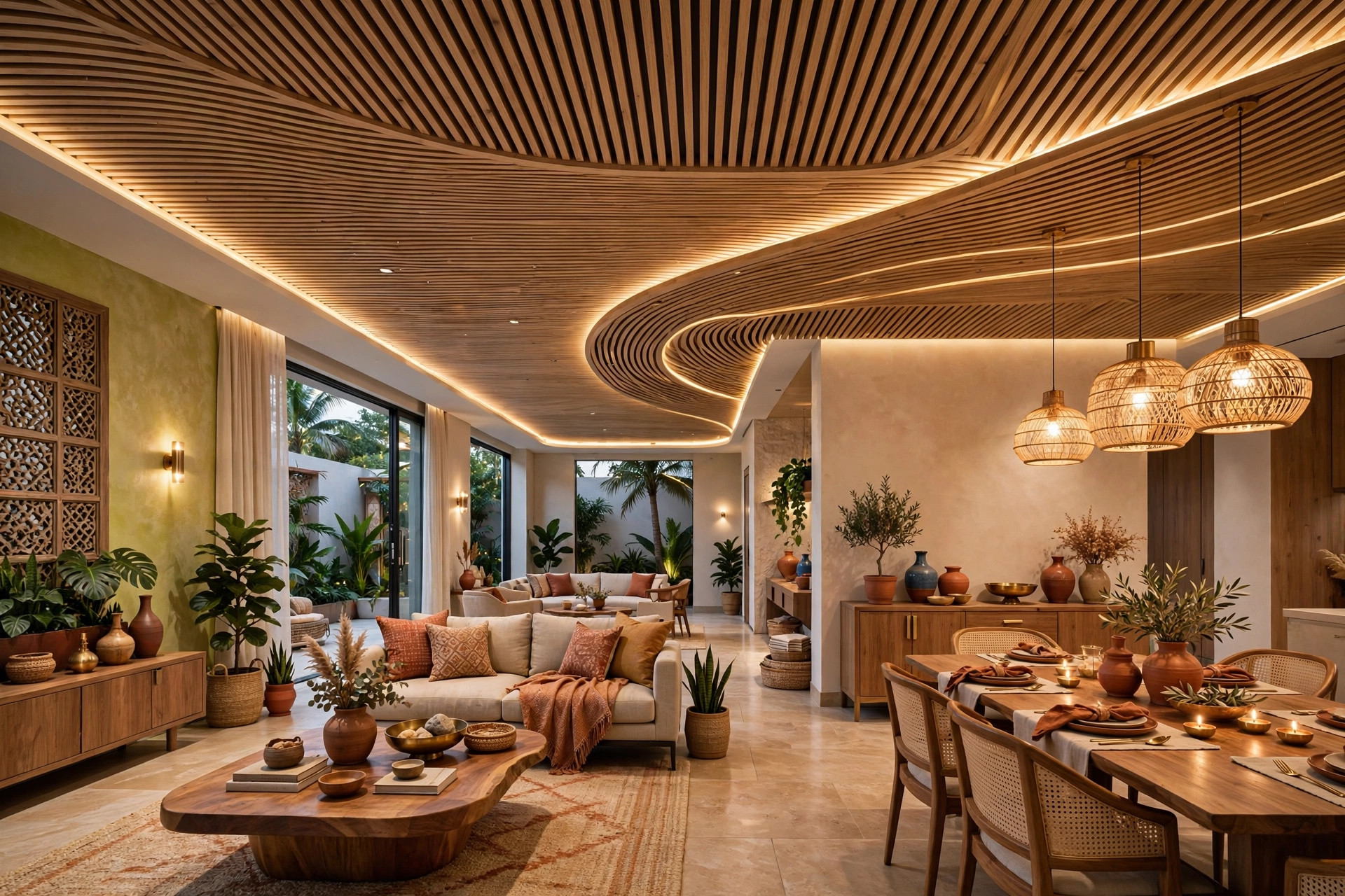 Open-plan hall and dining with a modern zoned ceiling