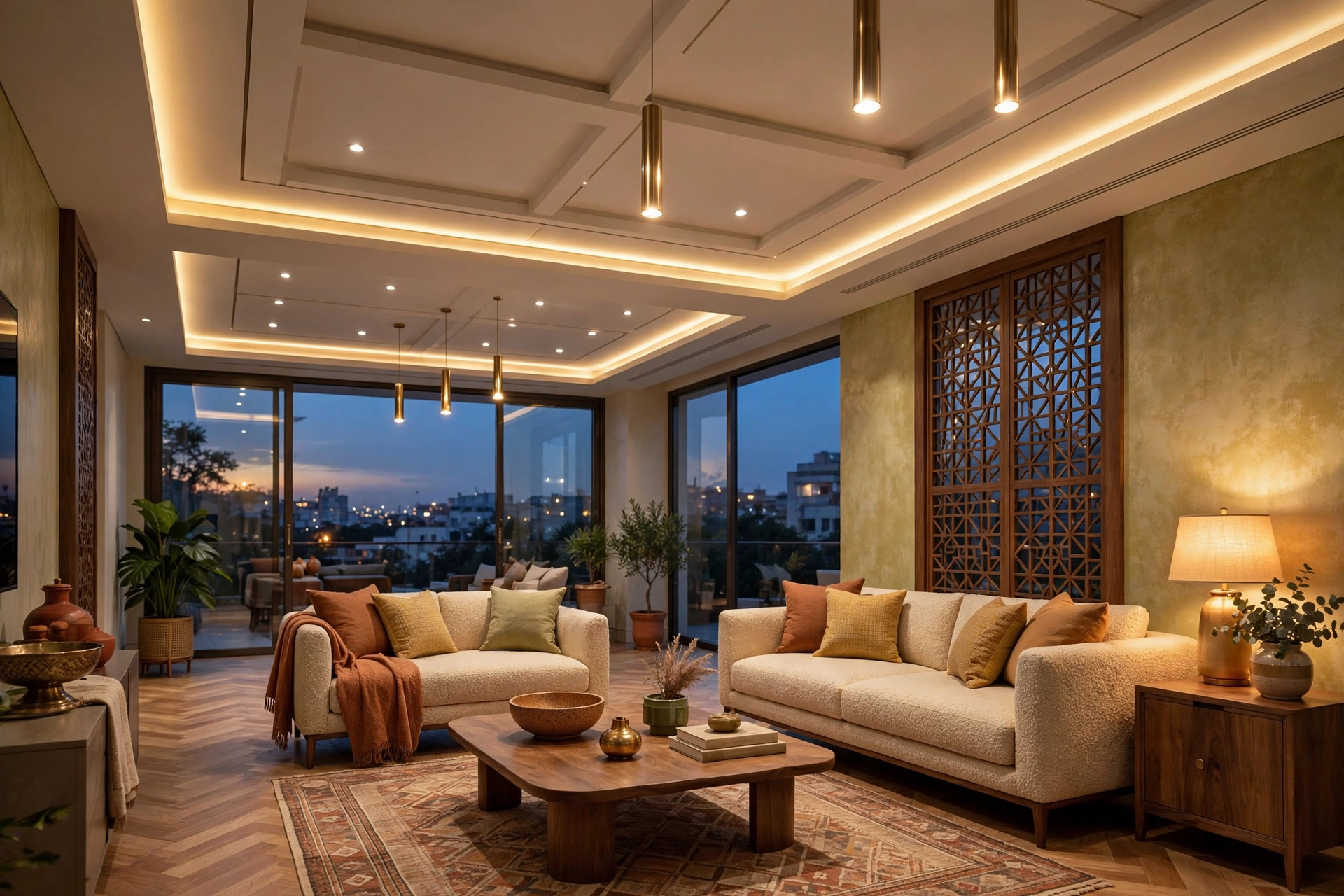 Modern Indian hall with a finished ceiling at dusk
