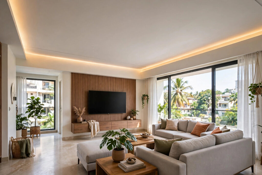 Indian hall with a simple flat false ceiling and warm cove lighting