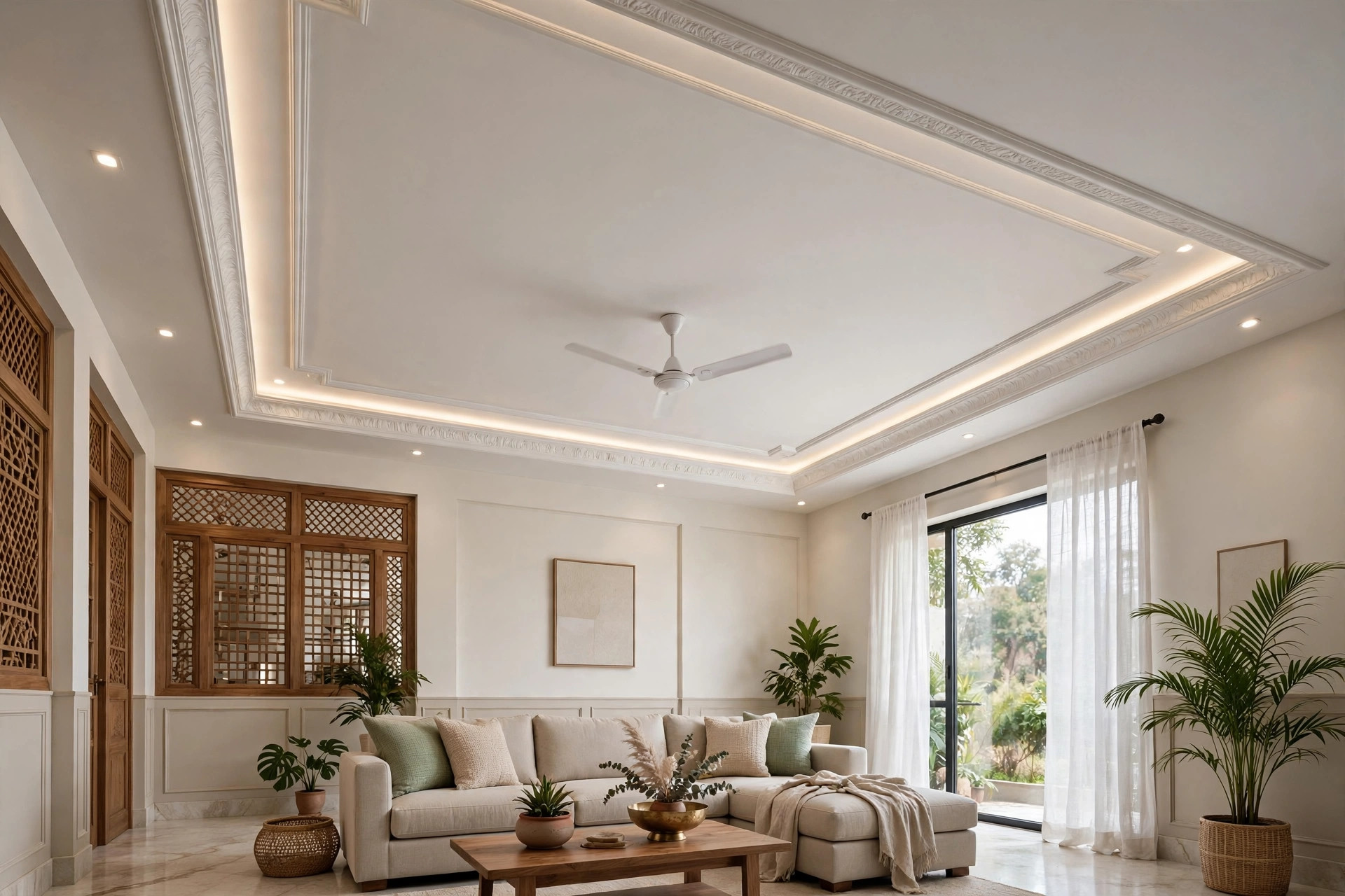 Hall with a border-only POP false ceiling design