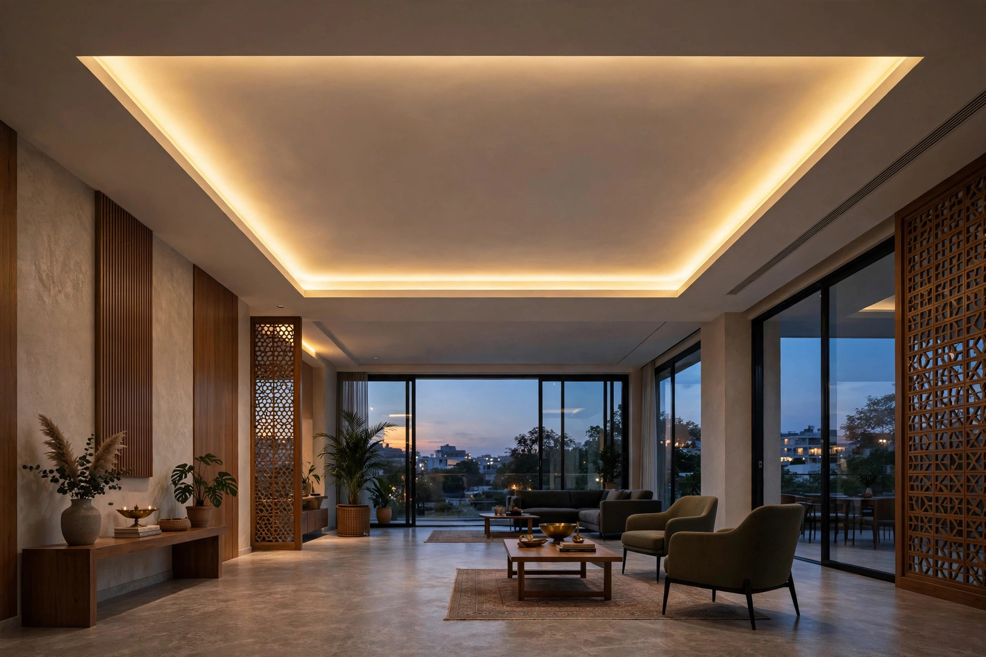 Hall with a single tray false ceiling and concealed LED strip