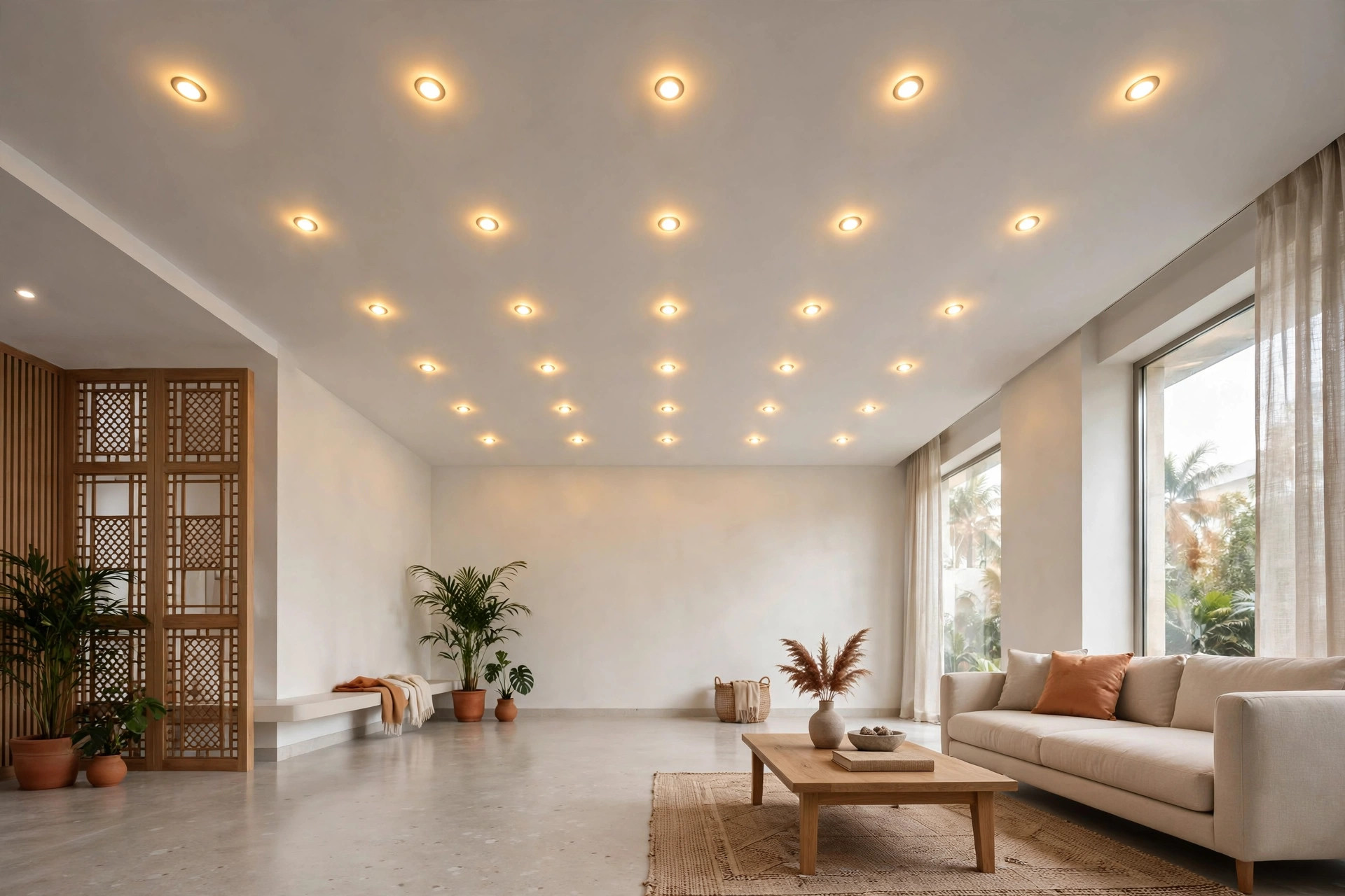 Hall with a grid of recessed ceiling spotlights