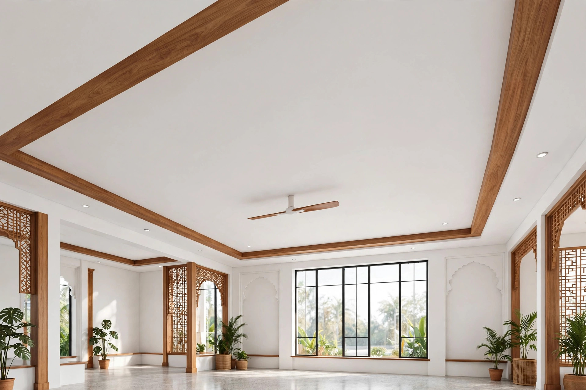Hall ceiling with a wood-finish accent border band