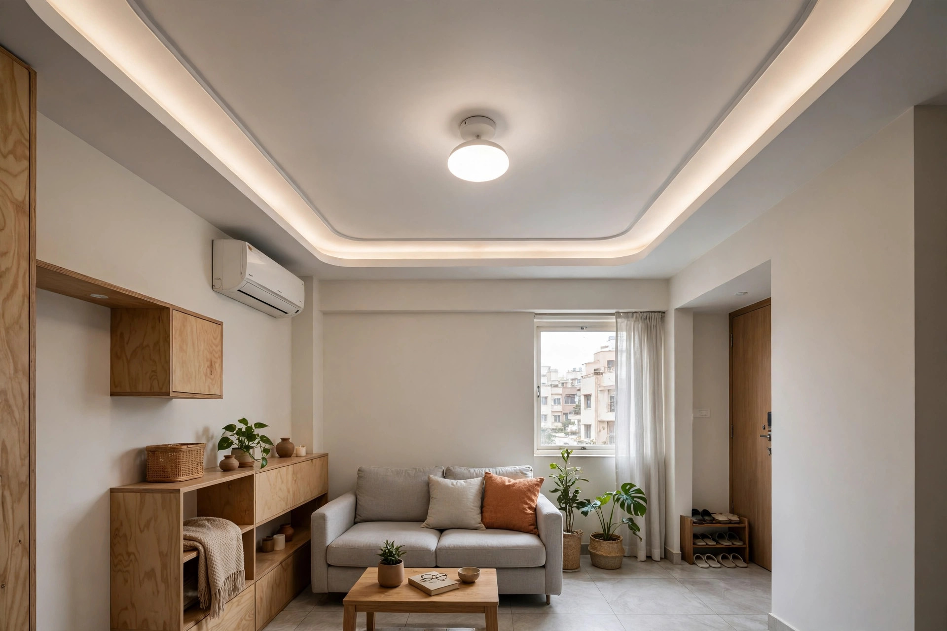 Compact 1BHK hall with a minimal border ceiling and central light