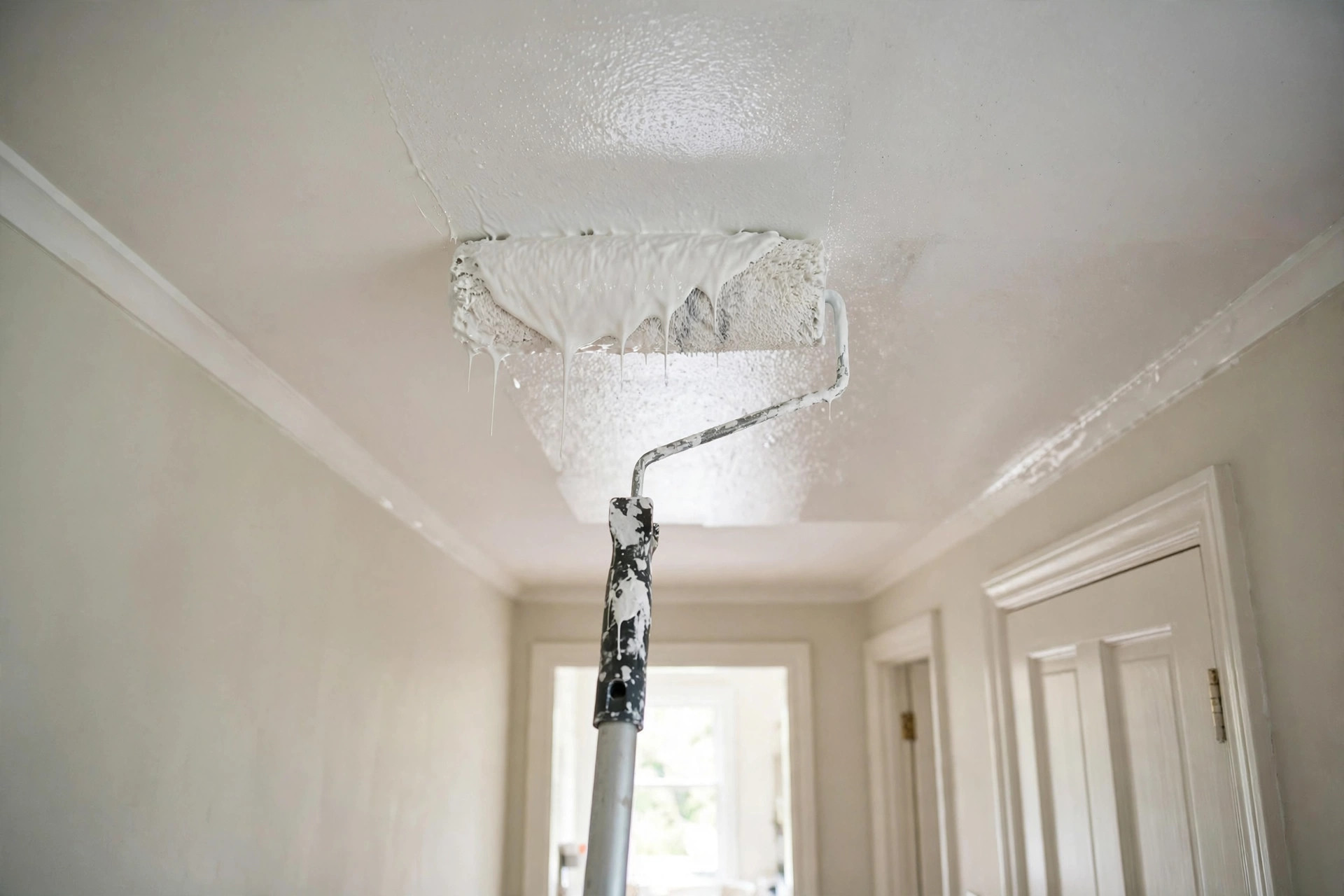 Roller repainting a simple flat hall ceiling