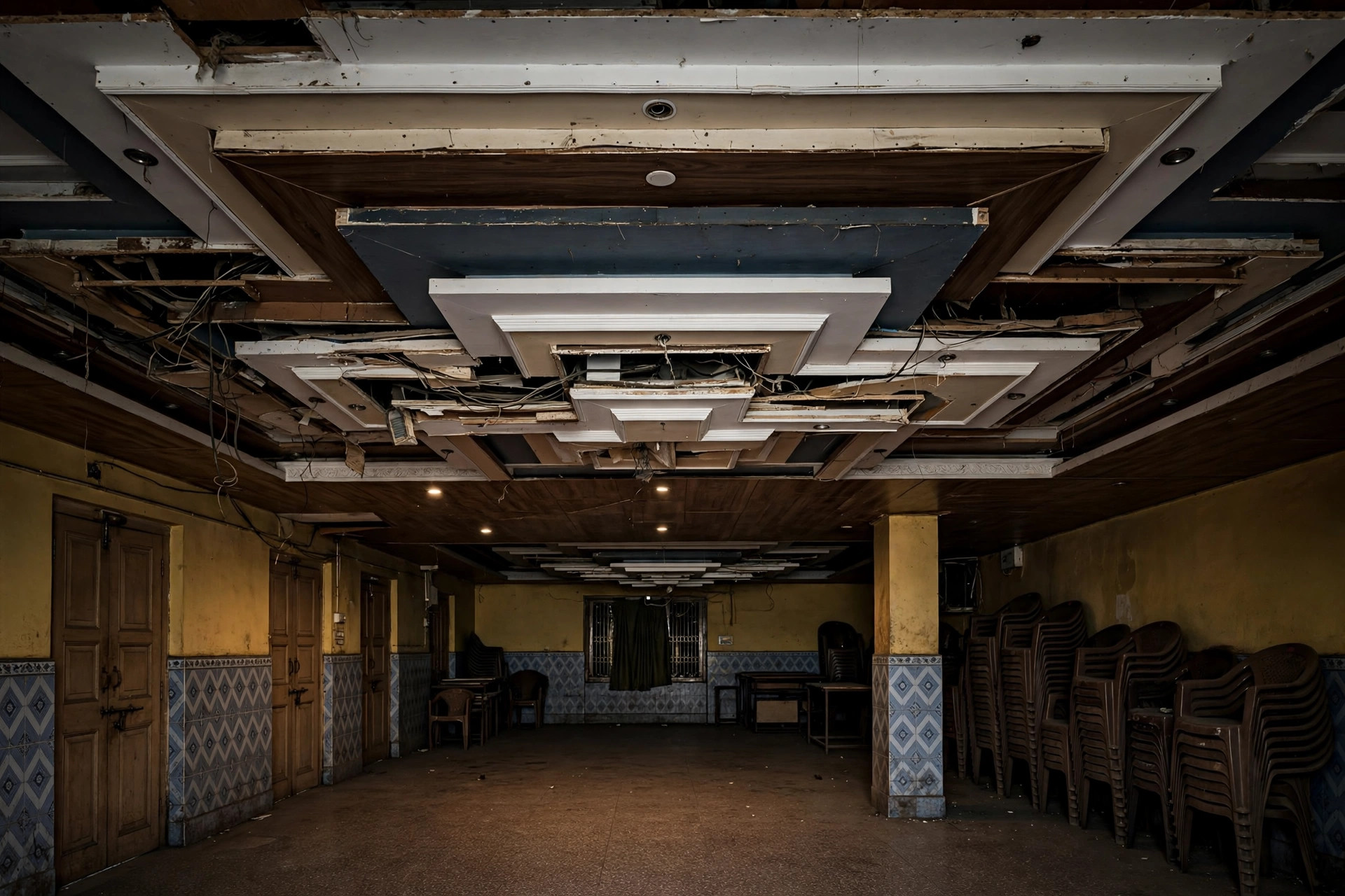 Low hall with an over-layered ceiling pressing down visually