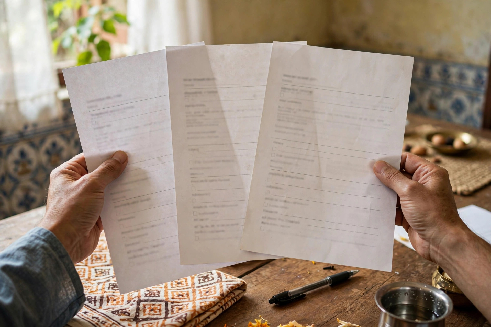 Homeowner comparing three contractor quotations for ceiling work