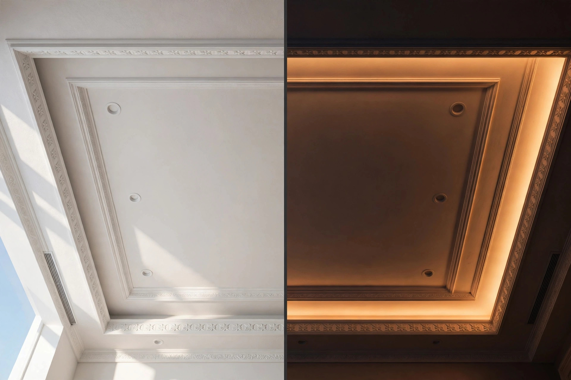 Same hall ceiling shown in daylight and glowing at night